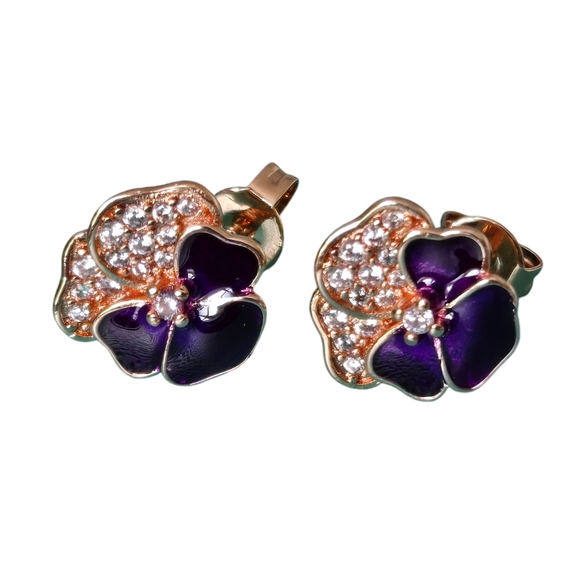 🎆18K Rose Gold Purple Flower with Rhinestones Earrings - Picture 2 of 7